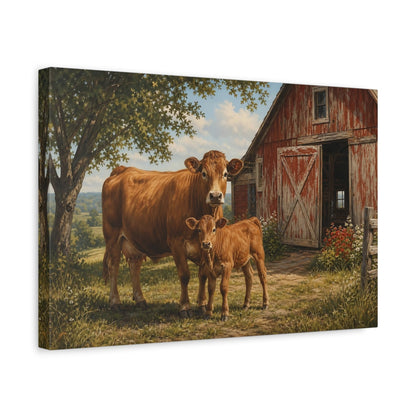 Side Mockup 4. Animals Cow And Calf Brown And Red Farm shown as stretched canvas wall art