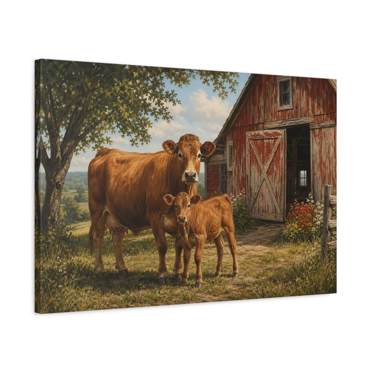 Side Mockup 2. Animals Cow And Calf Brown And Red Farm shown as stretched canvas wall art
