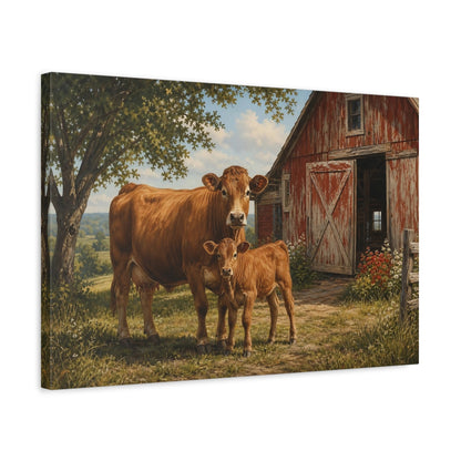 Side Mockup 3. Animals Cow And Calf Brown And Red Farm shown as stretched canvas wall art