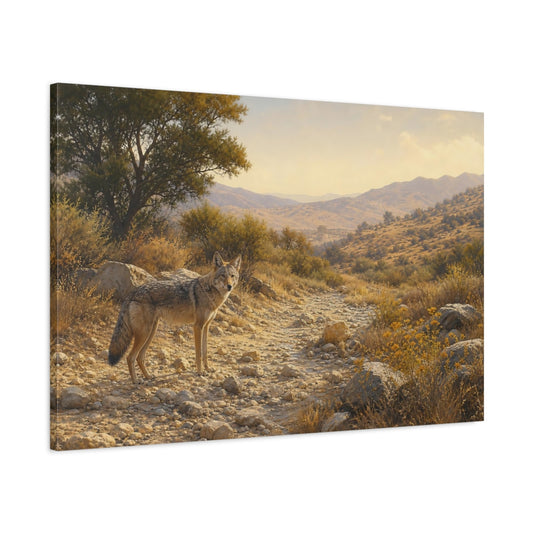 Main Mockup. Animals Coyote Desert Gold shown as stretched canvas wall art