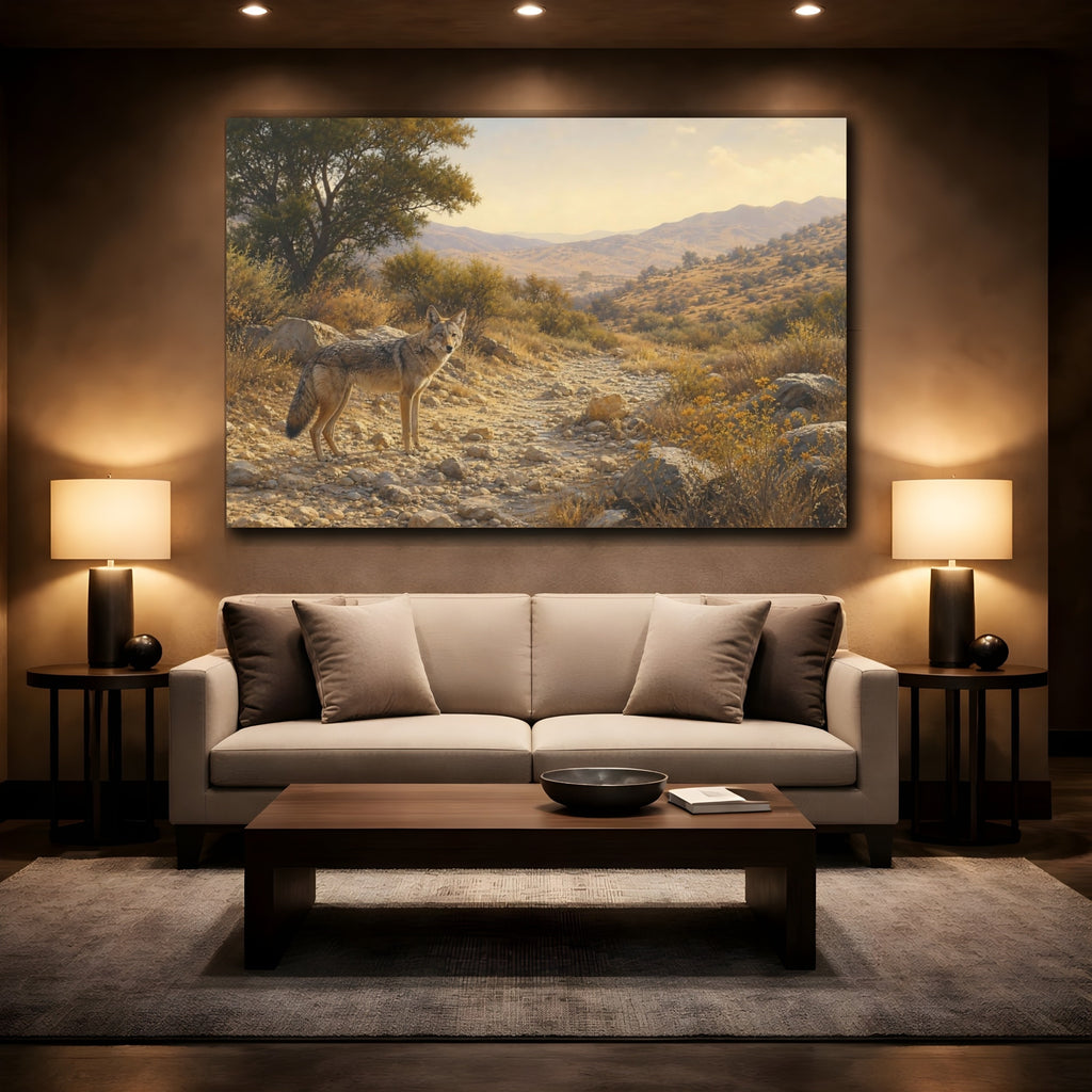 Mockup 2. Animals Coyote Desert Gold shown as stretched canvas wall art