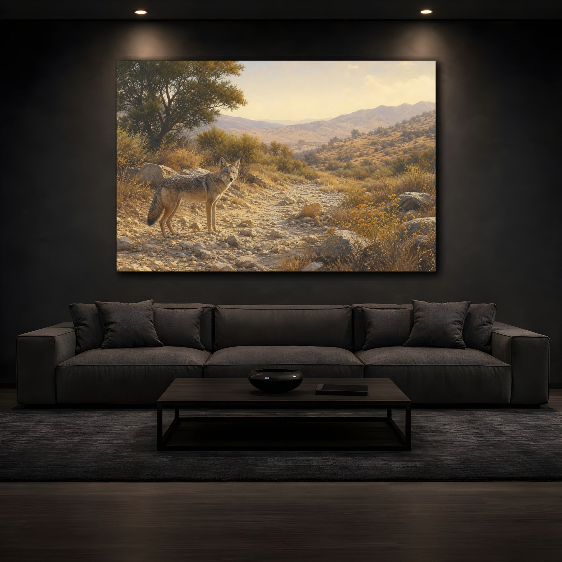Mockup 3. Animals Coyote Desert Gold shown as stretched canvas wall art