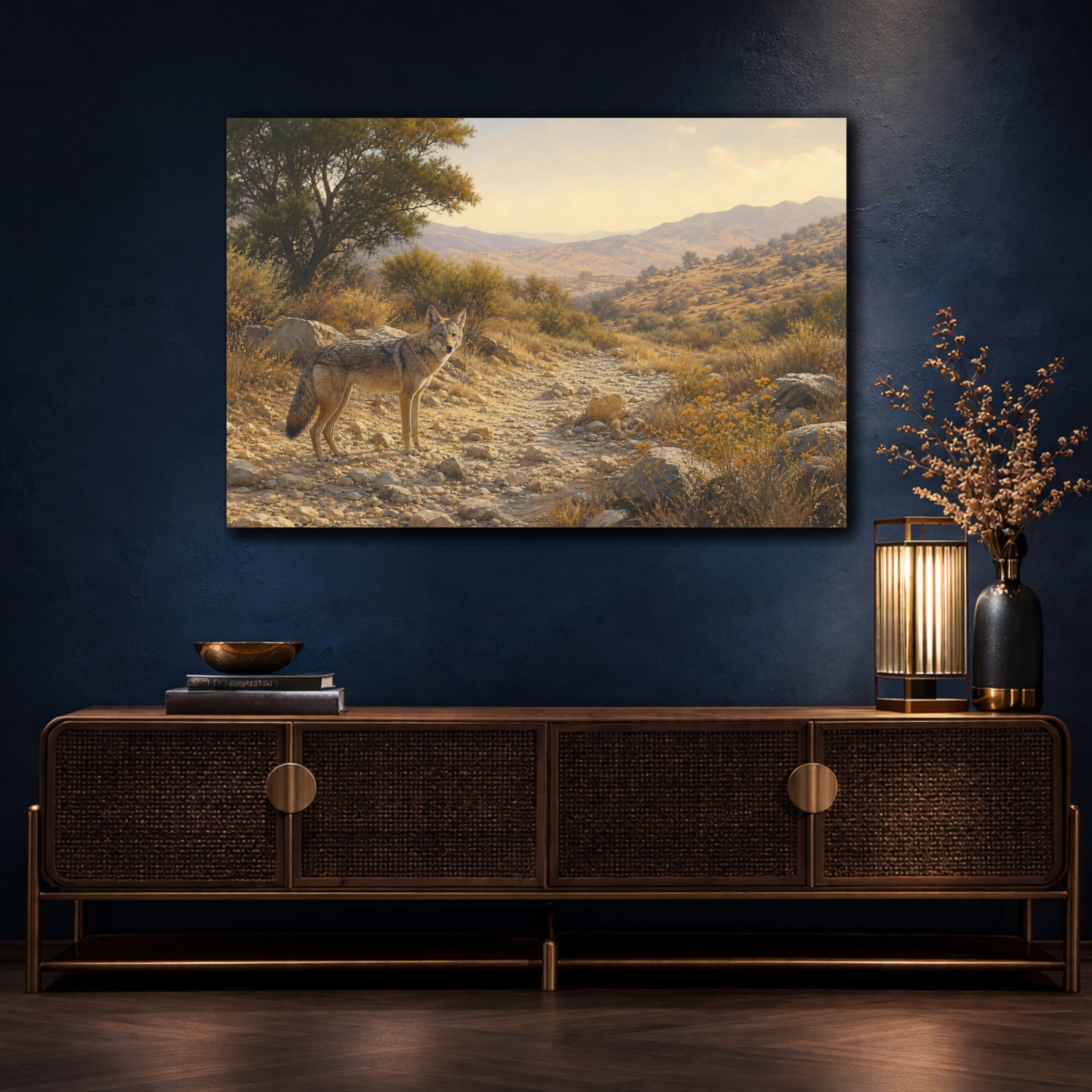 Mockup 4. Animals Coyote Desert Gold shown as stretched canvas wall art