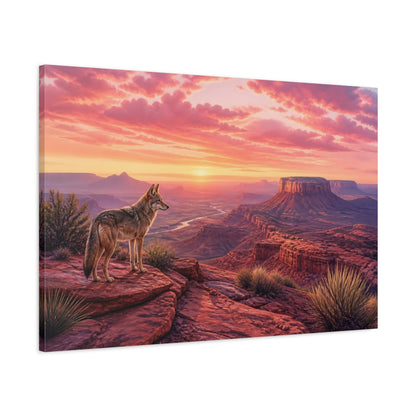 Main Mockup. Animals Coyote Red Desert Sunset shown as stretched canvas wall art
