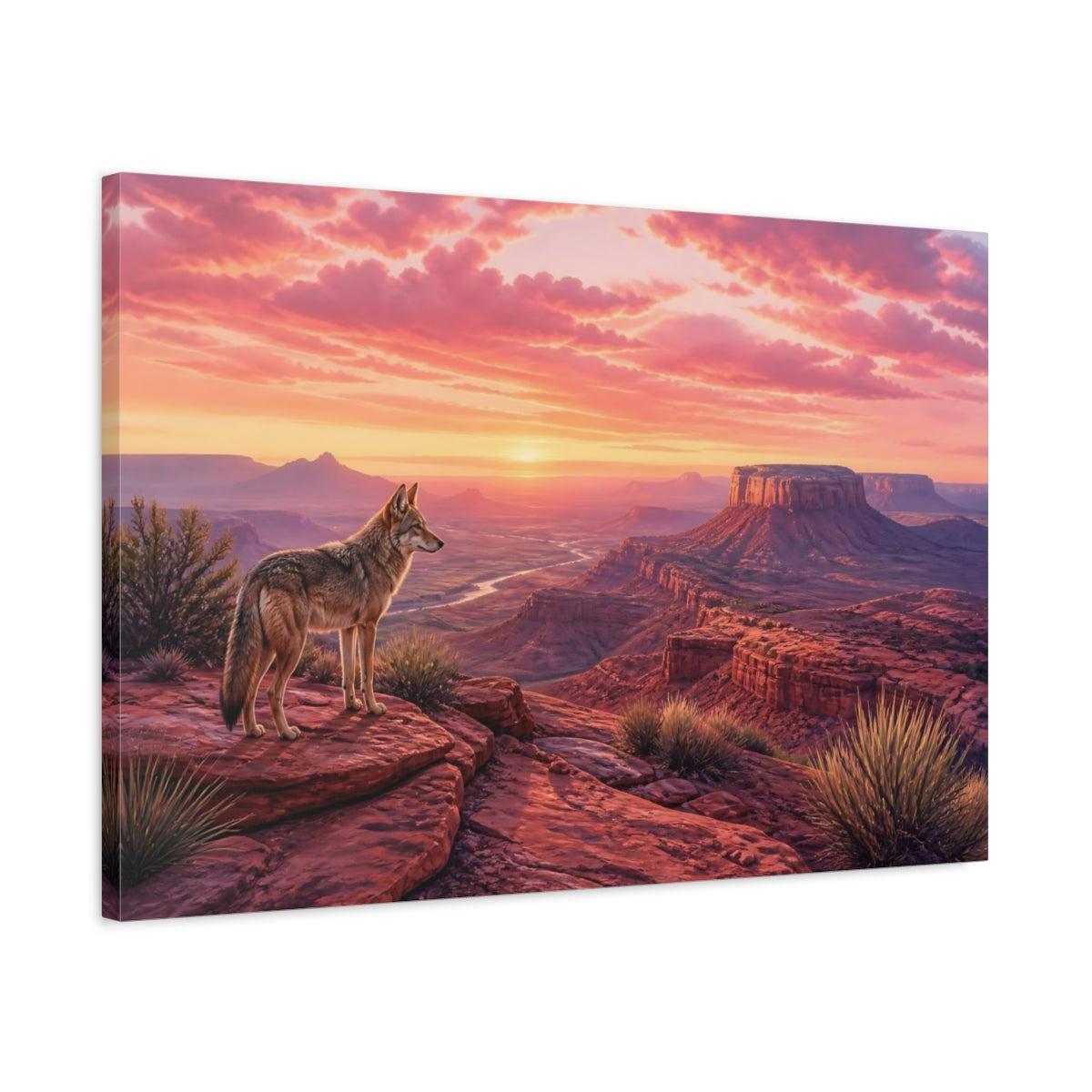 Side Mockup 2. Animals Coyote Red Desert Sunset shown as stretched canvas wall art