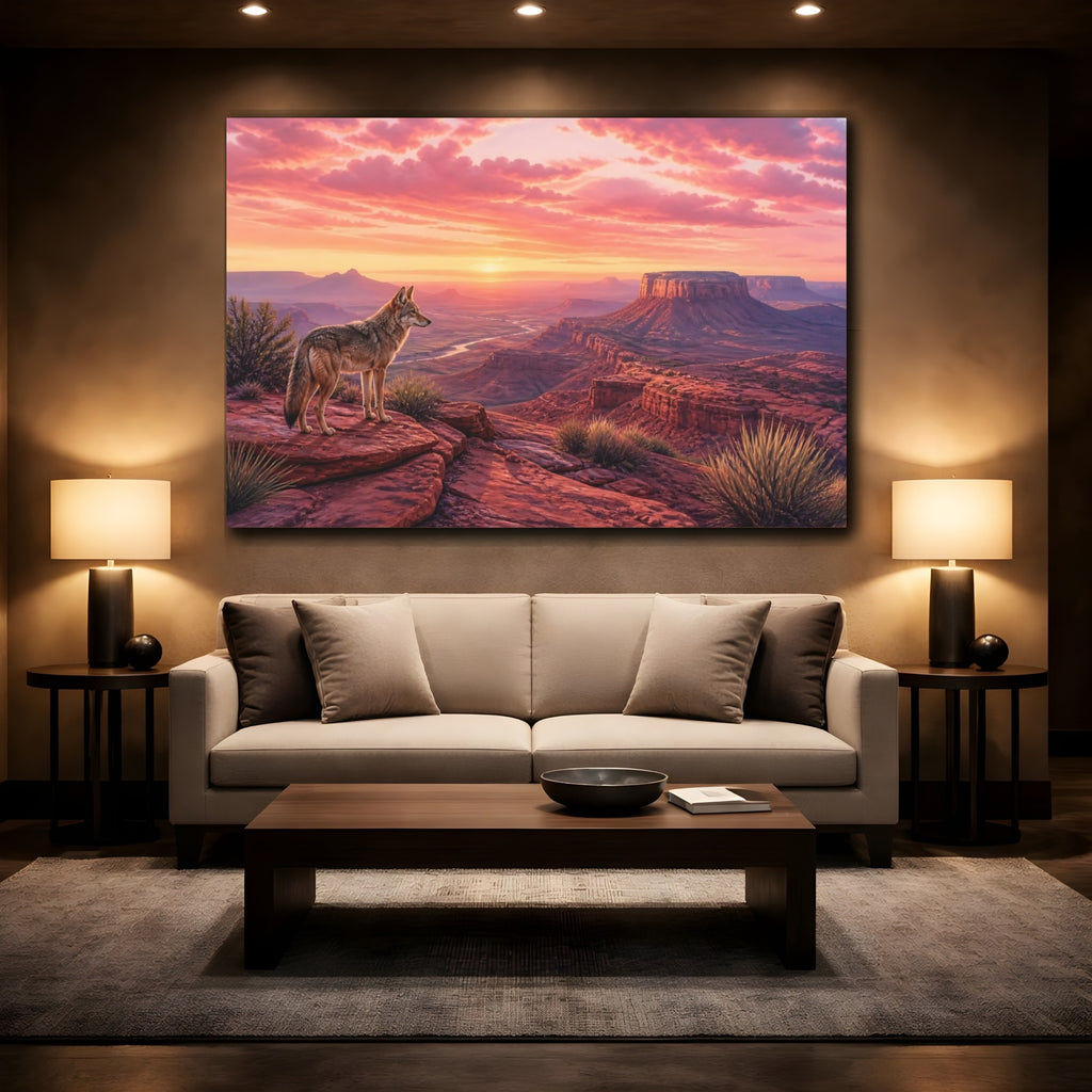 Mockup 2. Animals Coyote Red Desert Sunset shown as stretched canvas wall art