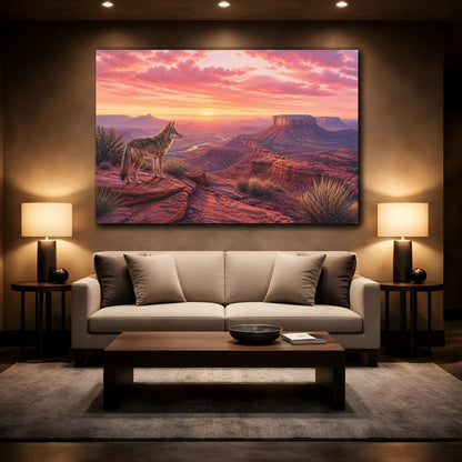 Mockup 2. Animals Coyote Red Desert Sunset shown as stretched canvas wall art