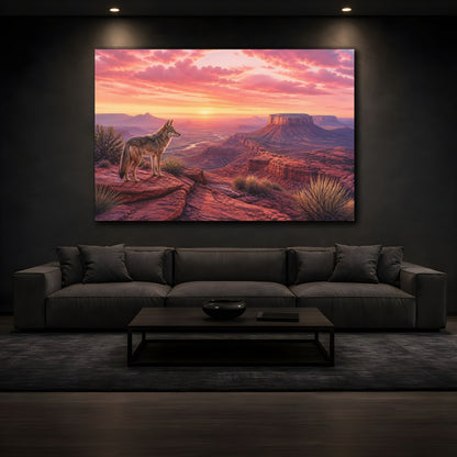 Mockup 3. Animals Coyote Red Desert Sunset shown as stretched canvas wall art