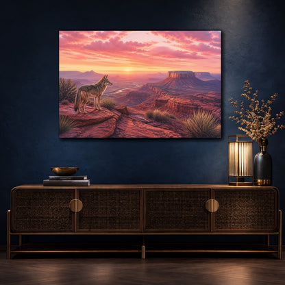 Mockup 4. Animals Coyote Red Desert Sunset shown as stretched canvas wall art