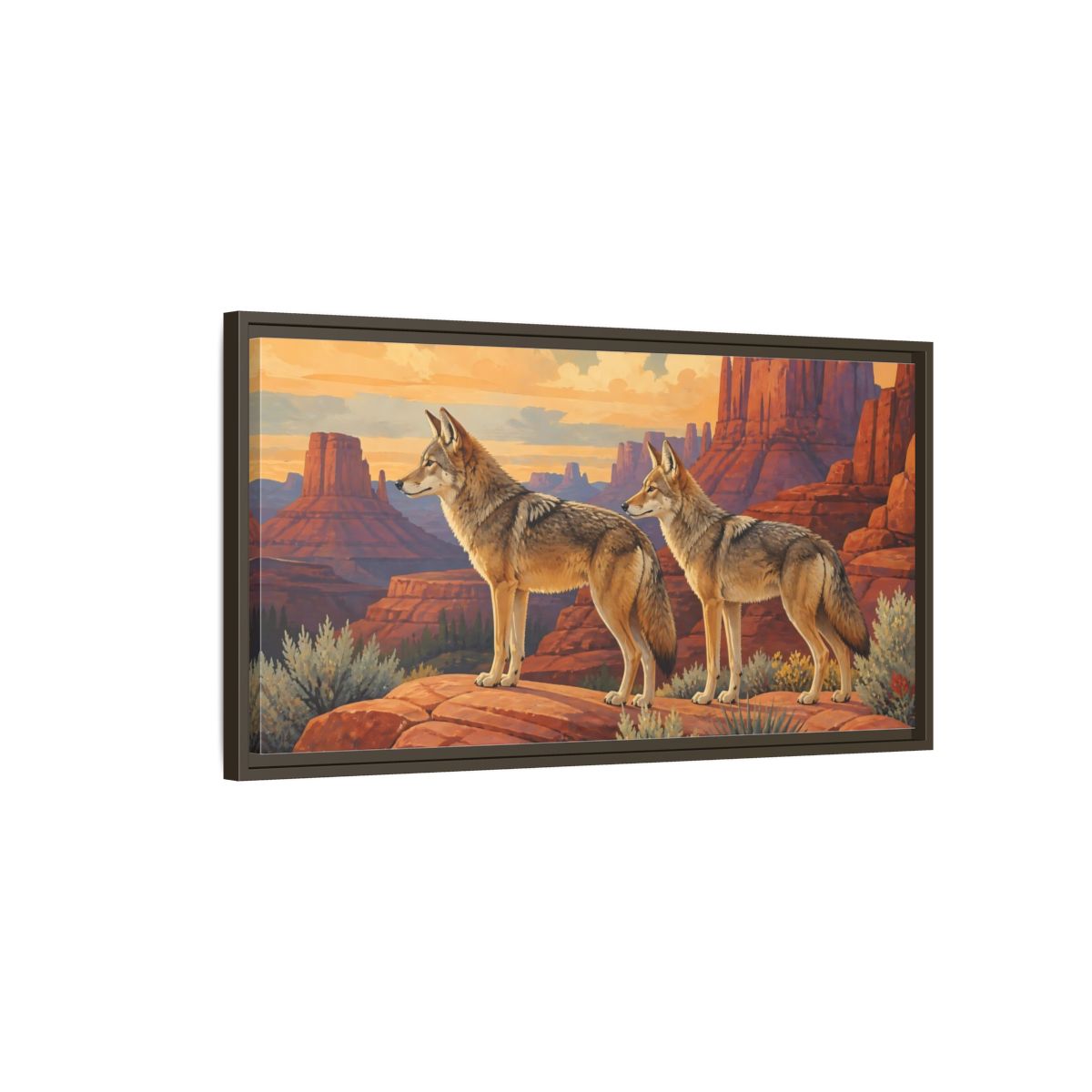 Main Mockup. Animals Coyotes Coyotes Red Rocks shown as stretched canvas wall art