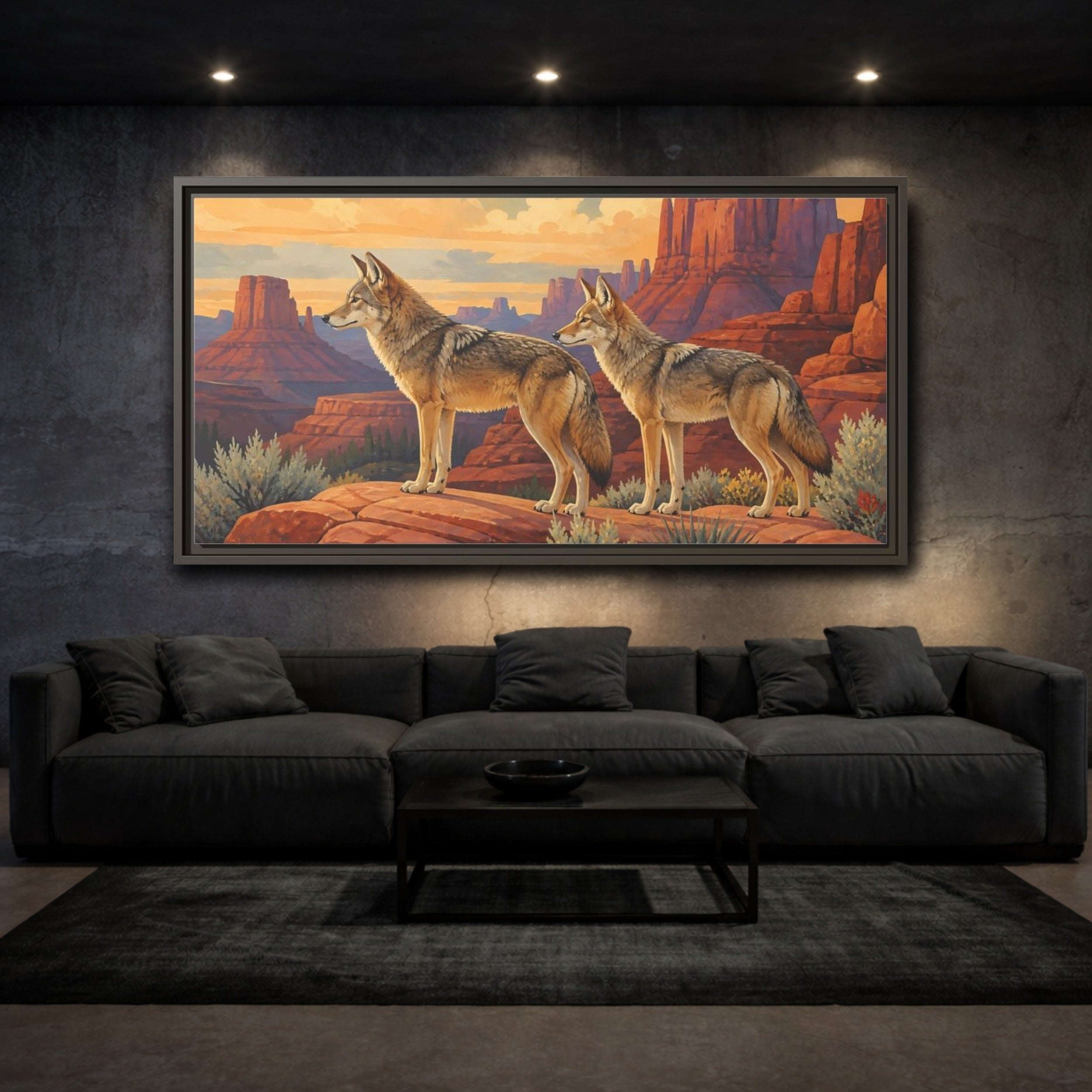 Mockup 2. Animals Coyotes Coyotes Red Rocks shown as stretched canvas wall art