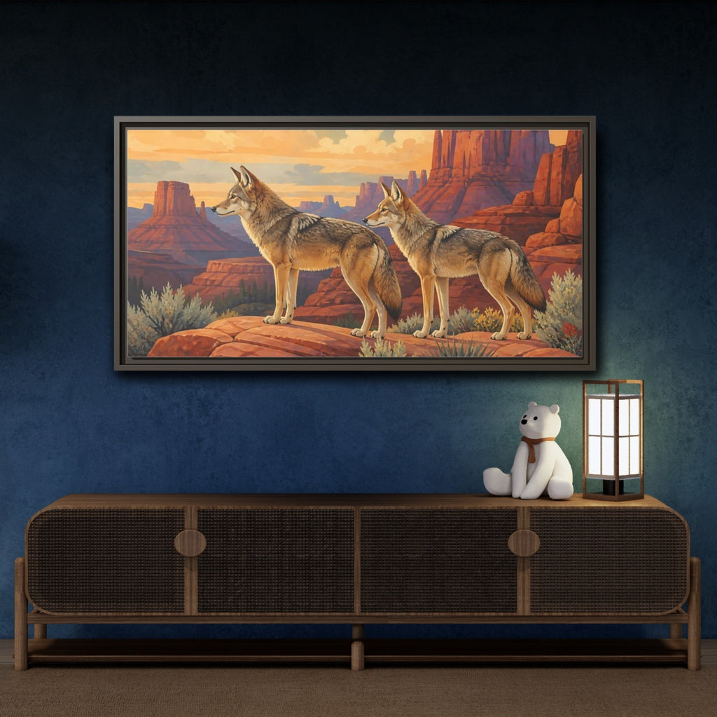 Mockup 4. Animals Coyotes Coyotes Red Rocks shown as stretched canvas wall art