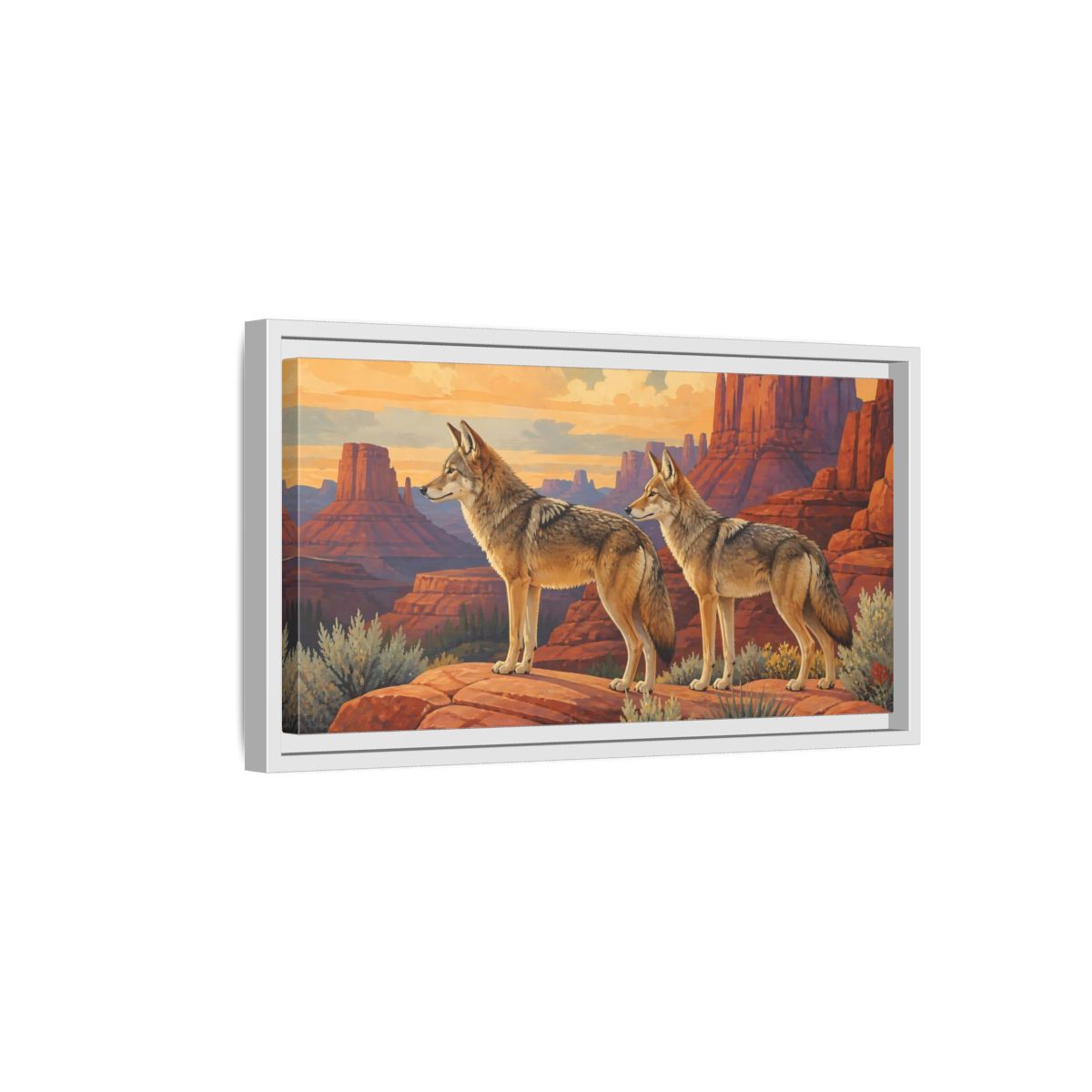 Side Mockup 6. Animals Coyotes Coyotes Red Rocks shown as stretched canvas wall art