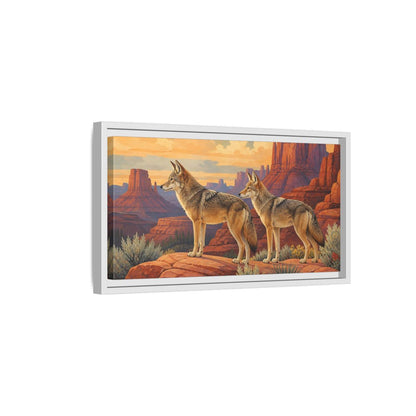 Side Mockup 6. Animals Coyotes Coyotes Red Rocks shown as stretched canvas wall art