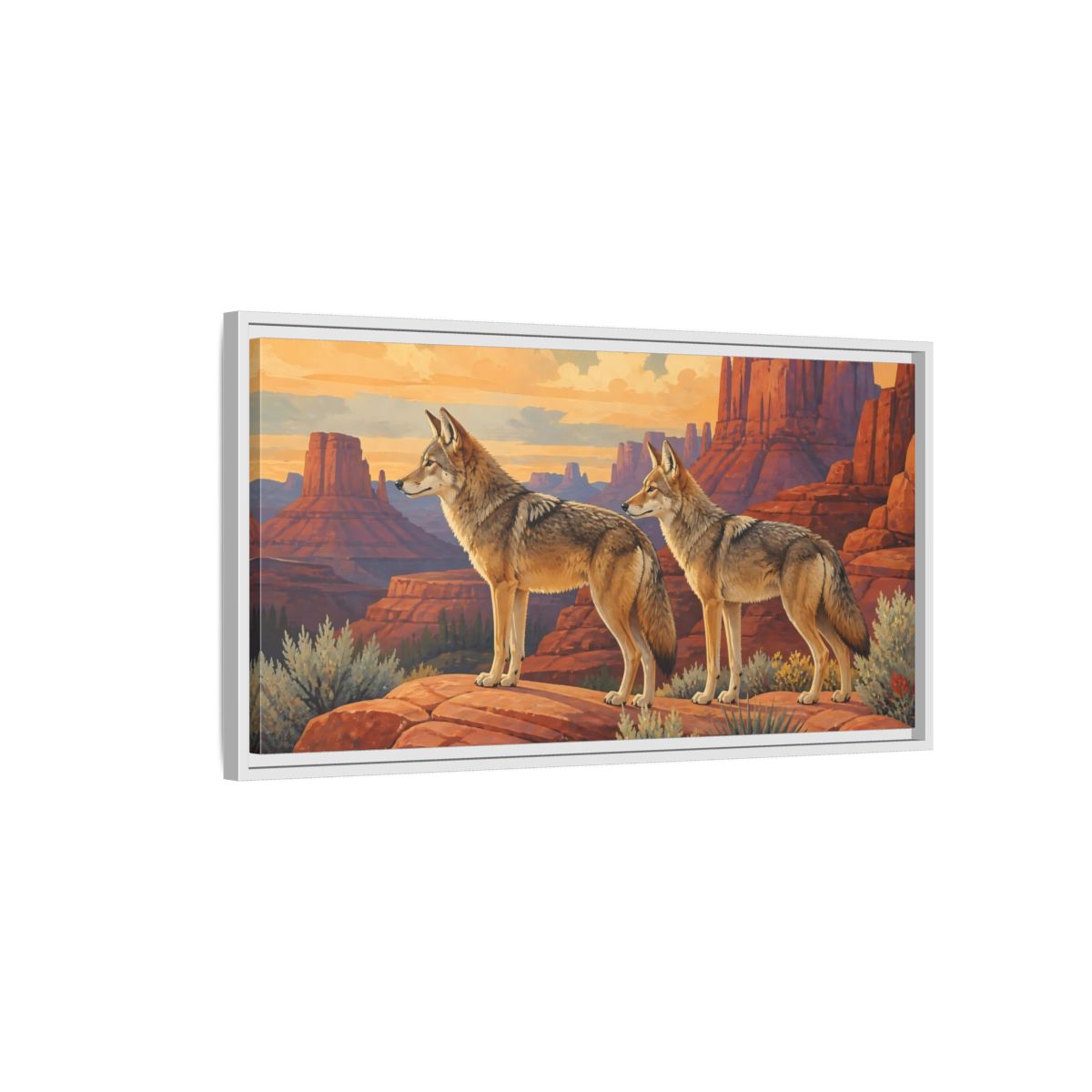 Side Mockup 1. Animals Coyotes Coyotes Red Rocks shown as stretched canvas wall art