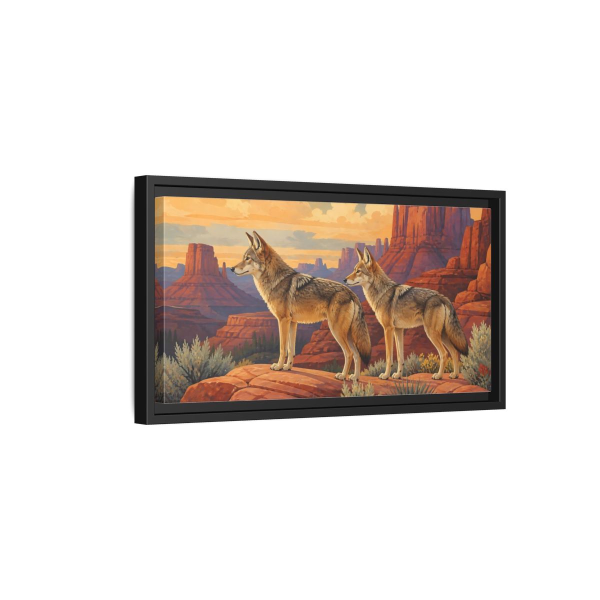 Side Mockup 8. Animals Coyotes Coyotes Red Rocks shown as stretched canvas wall art