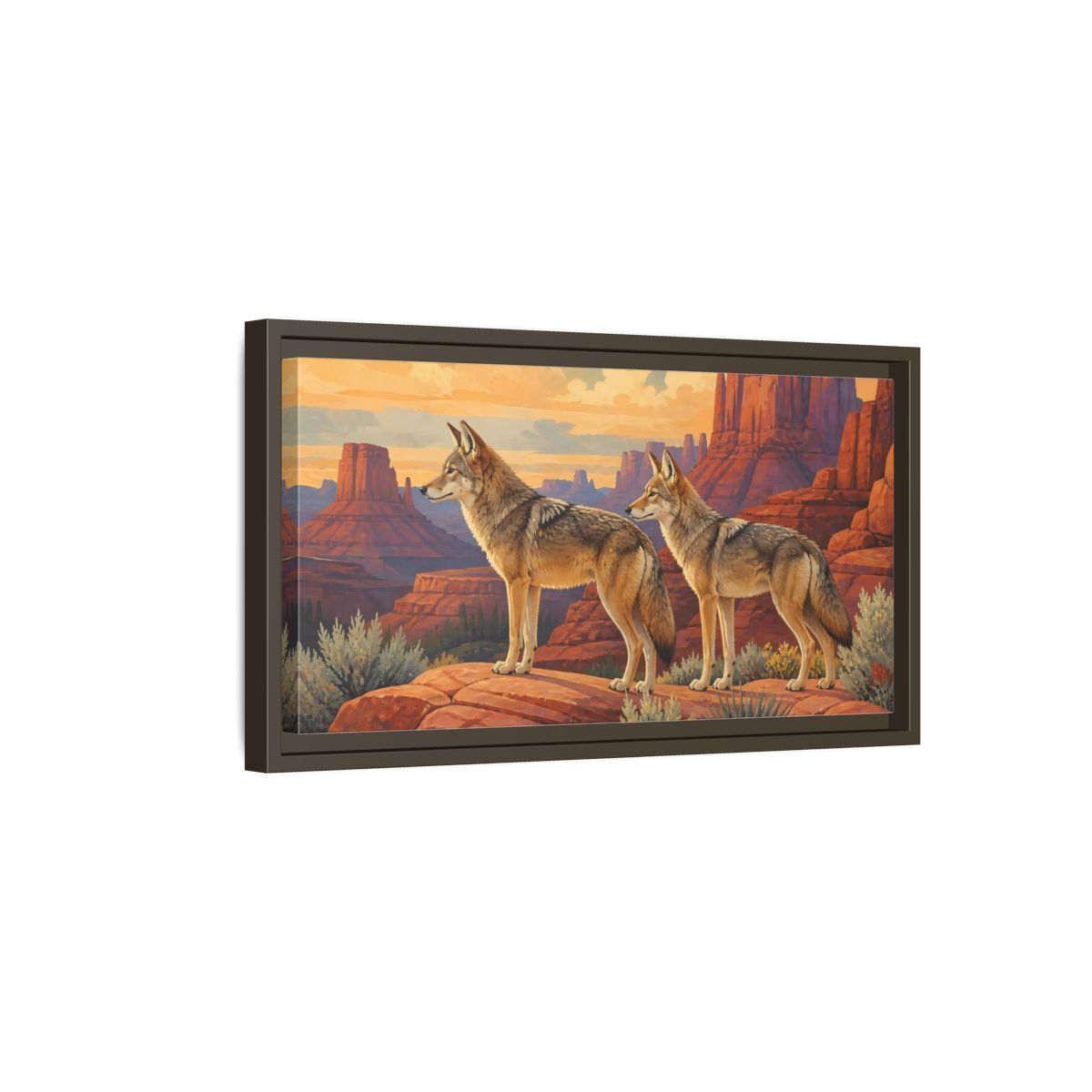 Side Mockup 7. Animals Coyotes Coyotes Red Rocks shown as stretched canvas wall art