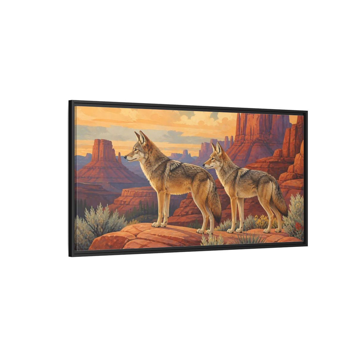 Side Mockup 5. Animals Coyotes Coyotes Red Rocks shown as stretched canvas wall art