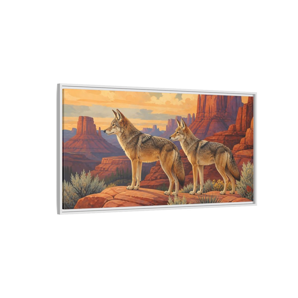 Side Mockup 3. Animals Coyotes Coyotes Red Rocks shown as stretched canvas wall art