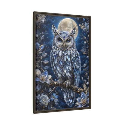 Animals Crystal Owl Blue and Silver Framed Canvas Wall Art - Luxury Living Room shown as canvas wall art