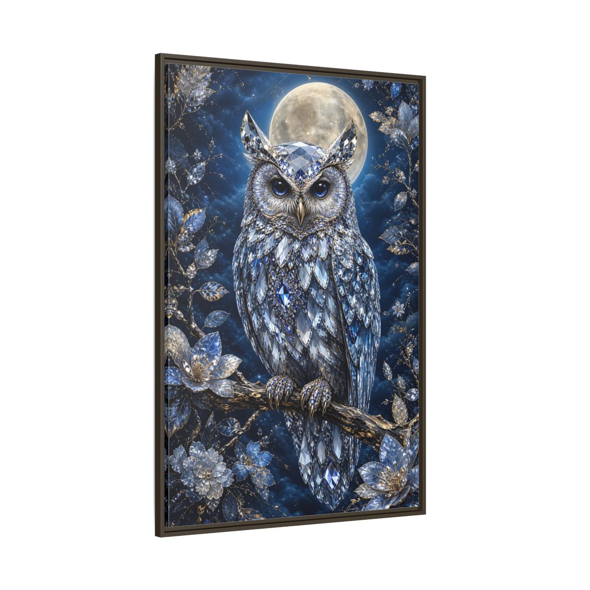 Side Mockup 8. Animals Crystal Owl Blue And Silver shown as stretched canvas wall art