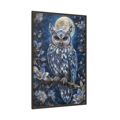 Animals Crystal Owl Blue and Silver Framed Canvas Wall Art - Luxury Living Room shown as canvas wall art