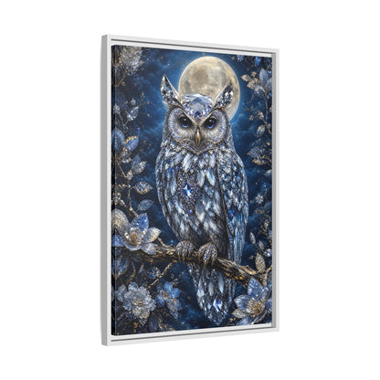 Animals Crystal Owl Blue and Silver Framed Canvas Wall Art - Luxury Living Room shown as canvas wall art