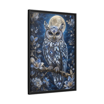 Animals Crystal Owl Blue and Silver Framed Canvas Wall Art - Luxury Living Room shown as canvas wall art