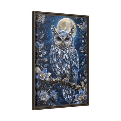 Animals Crystal Owl Blue and Silver Framed Canvas Wall Art - Luxury Living Room shown as canvas wall art