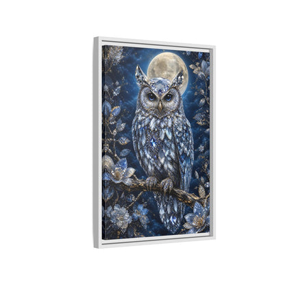 Animals Crystal Owl Blue and Silver Framed Canvas Wall Art - Luxury Living Room shown as canvas wall art