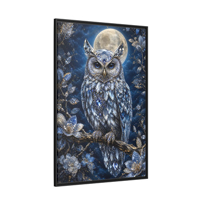 Animals Crystal Owl Blue and Silver Framed Canvas Wall Art - Luxury Living Room shown as canvas wall art