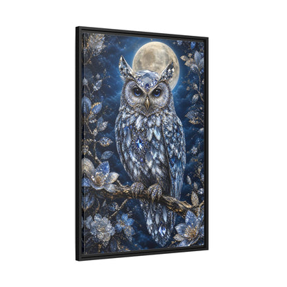 Animals Crystal Owl Blue and Silver Framed Canvas Wall Art - Luxury Living Room shown as canvas wall art