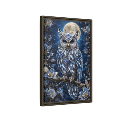Animals Crystal Owl Blue and Silver Framed Canvas Wall Art - Luxury Living Room shown as canvas wall art