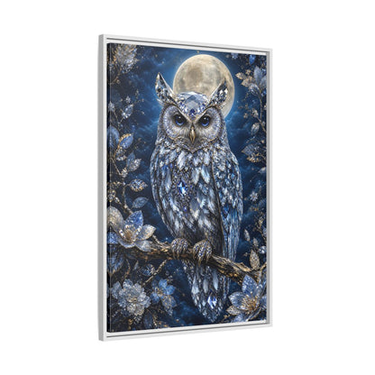 Animals Crystal Owl Blue and Silver Framed Canvas Wall Art - Luxury Living Room shown as canvas wall art