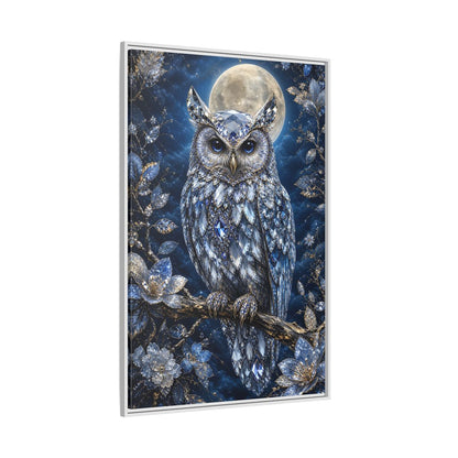 Animals Crystal Owl Blue and Silver Framed Canvas Wall Art - Luxury Living Room shown as canvas wall art