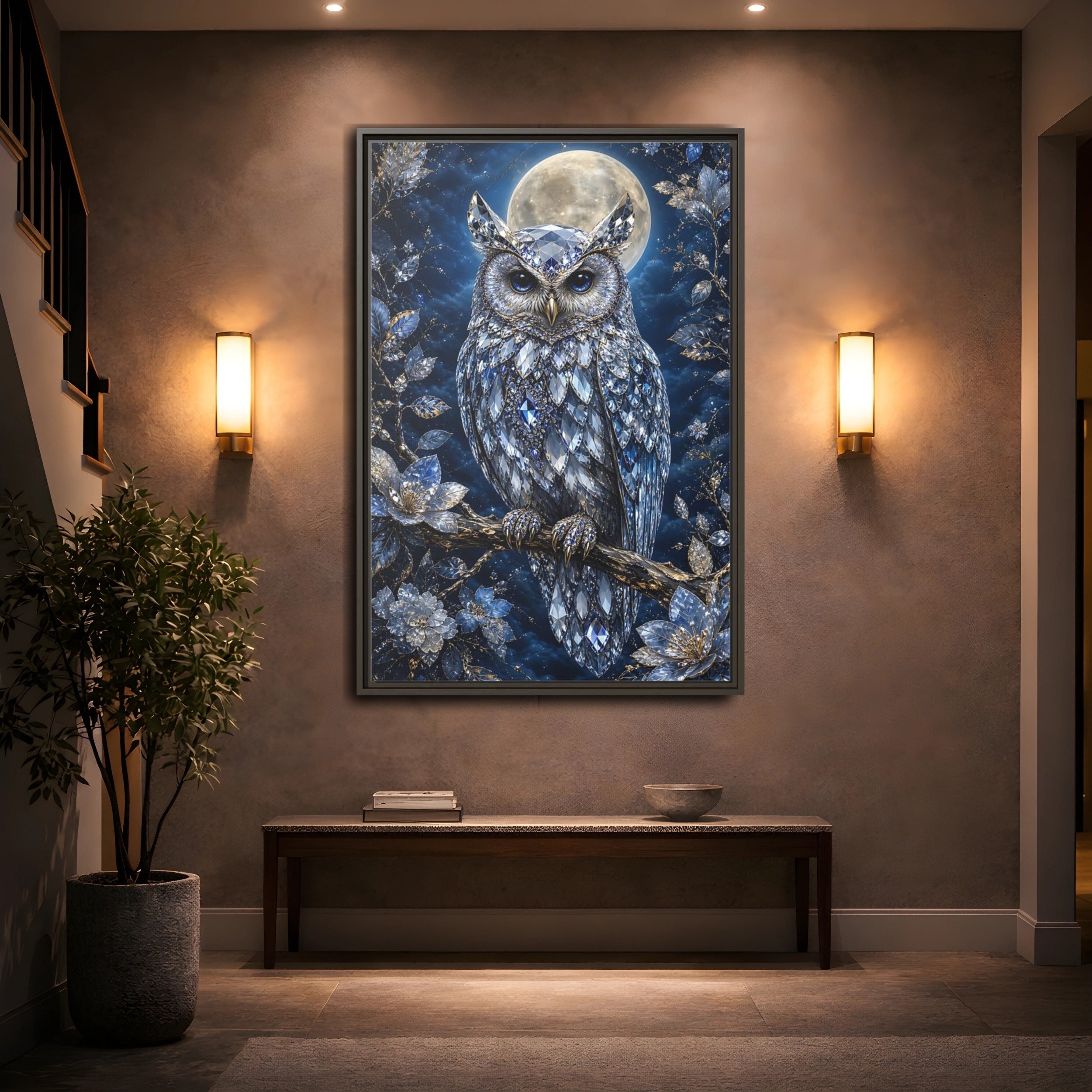 Mockup 2. Animals Crystal Owl Blue And Silver shown as stretched canvas wall art