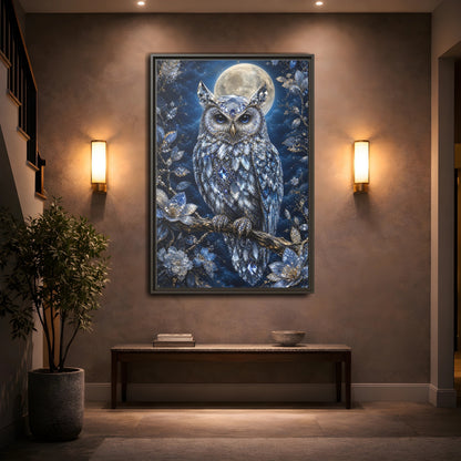 Animals Crystal Owl Blue and Silver Framed Canvas Wall Art - Luxury Living Room shown as canvas wall art