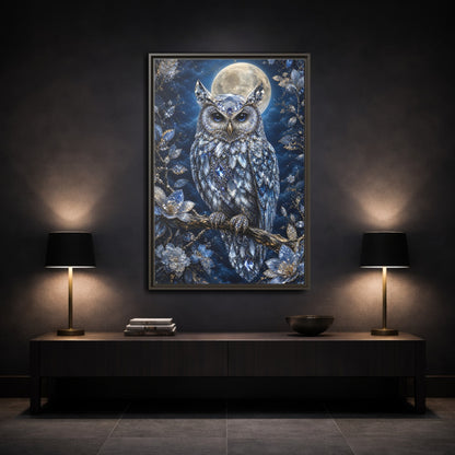 Animals Crystal Owl Blue and Silver Framed Canvas Wall Art - Luxury Living Room shown as canvas wall art