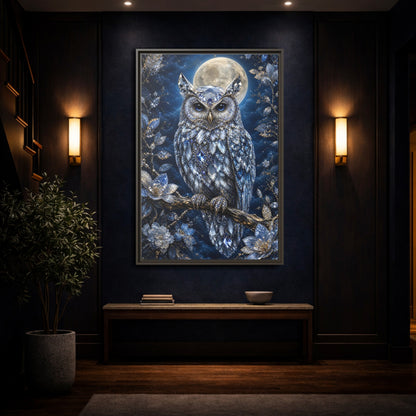 Animals Crystal Owl Blue and Silver Framed Canvas Wall Art - Luxury Living Room shown as canvas wall art