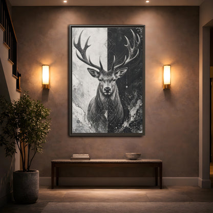 Mockup 2. Animals Deer Black And White Deer shown as stretched canvas wall art