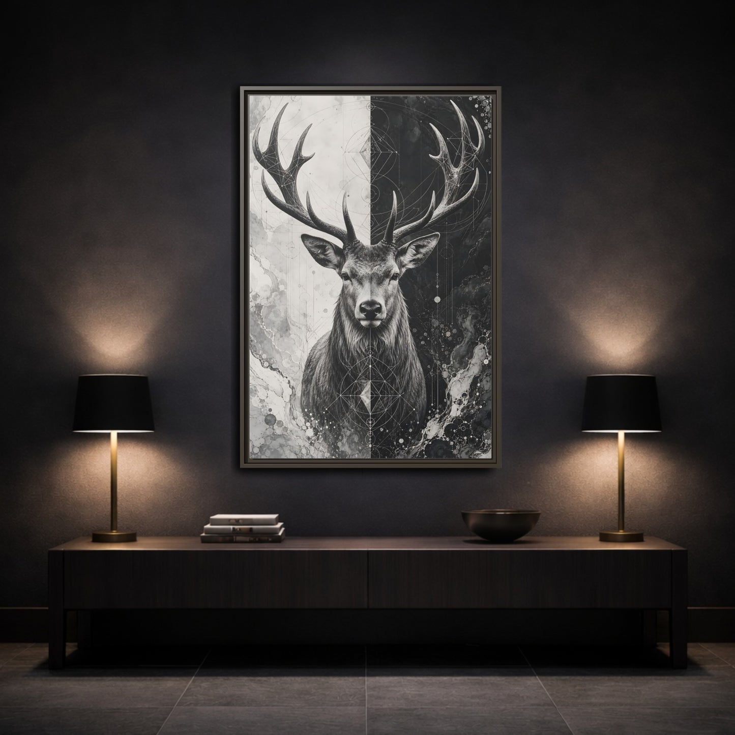 Mockup 3. Animals Deer Black And White Deer shown as stretched canvas wall art