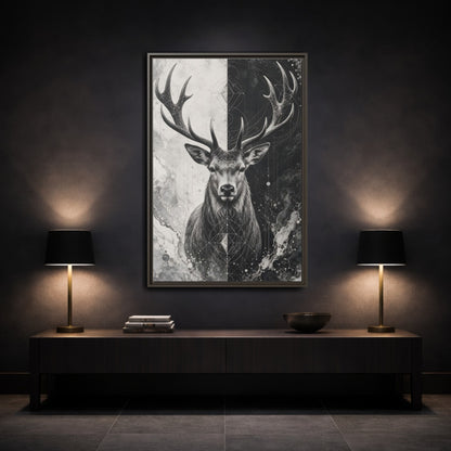 Mockup 3. Animals Deer Black And White Deer shown as stretched canvas wall art