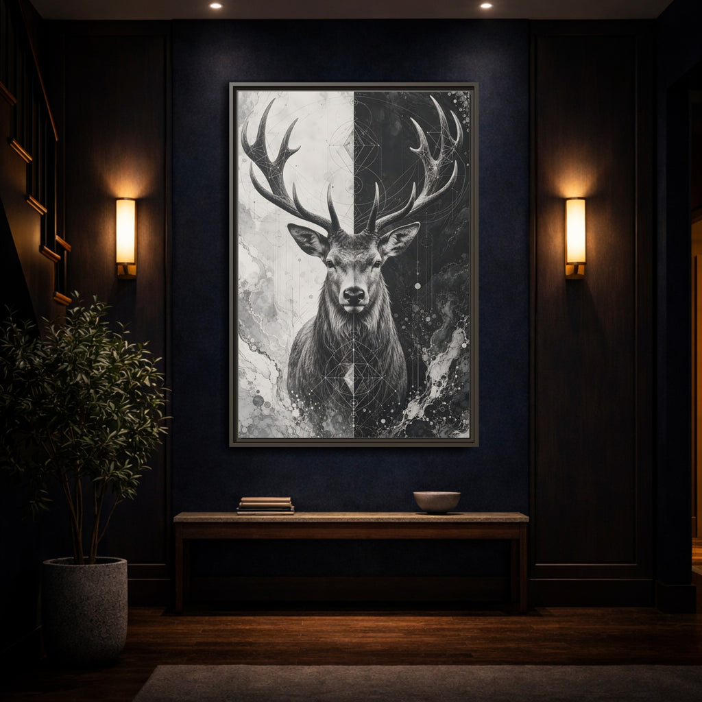 Mockup 4. Animals Deer Black And White Deer shown as stretched canvas wall art