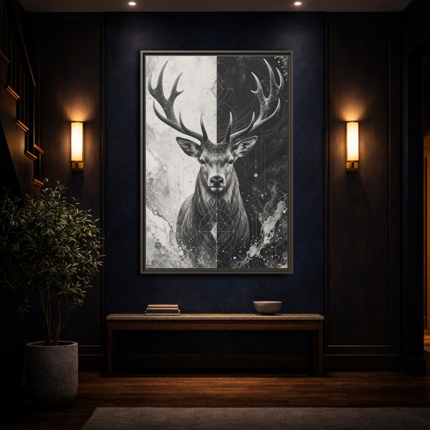 Mockup 4. Animals Deer Black And White Deer shown as stretched canvas wall art