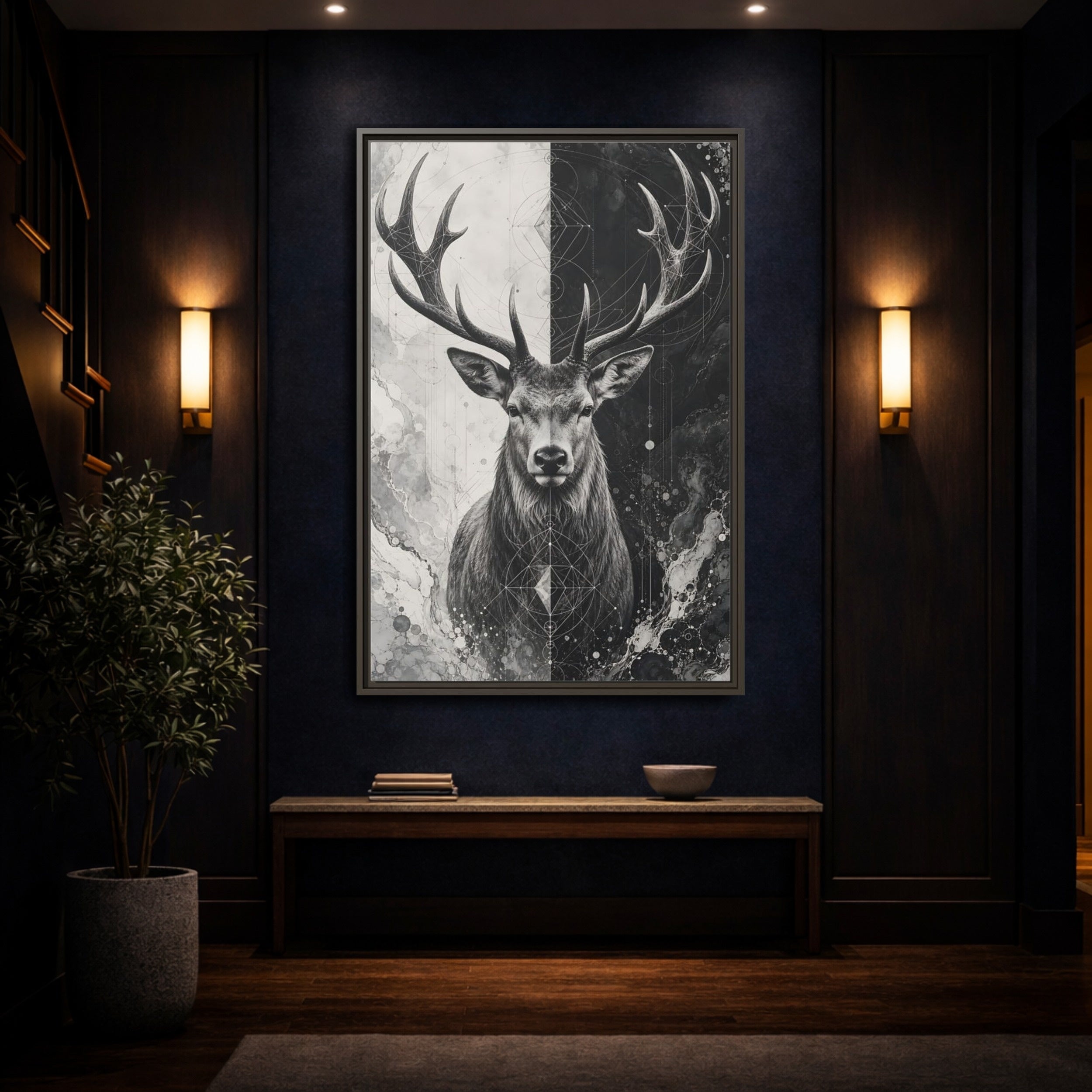 Mockup 4. Animals Deer Black And White Deer shown as stretched canvas wall art