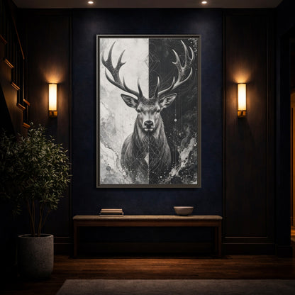 Mockup 4. Animals Deer Black And White Deer shown as stretched canvas wall art