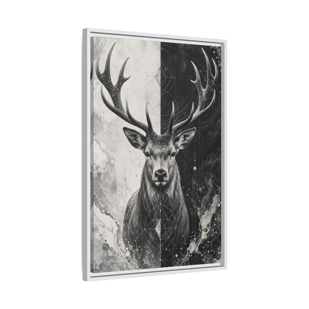 Side Mockup 10. Animals Deer Black And White Deer shown as stretched canvas wall art