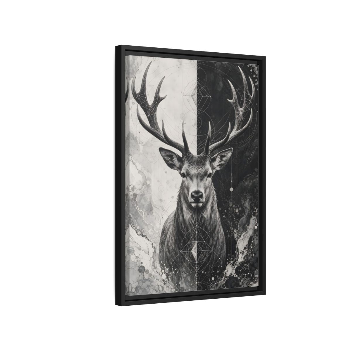 Side Mockup 3. Animals Deer Black And White Deer shown as stretched canvas wall art