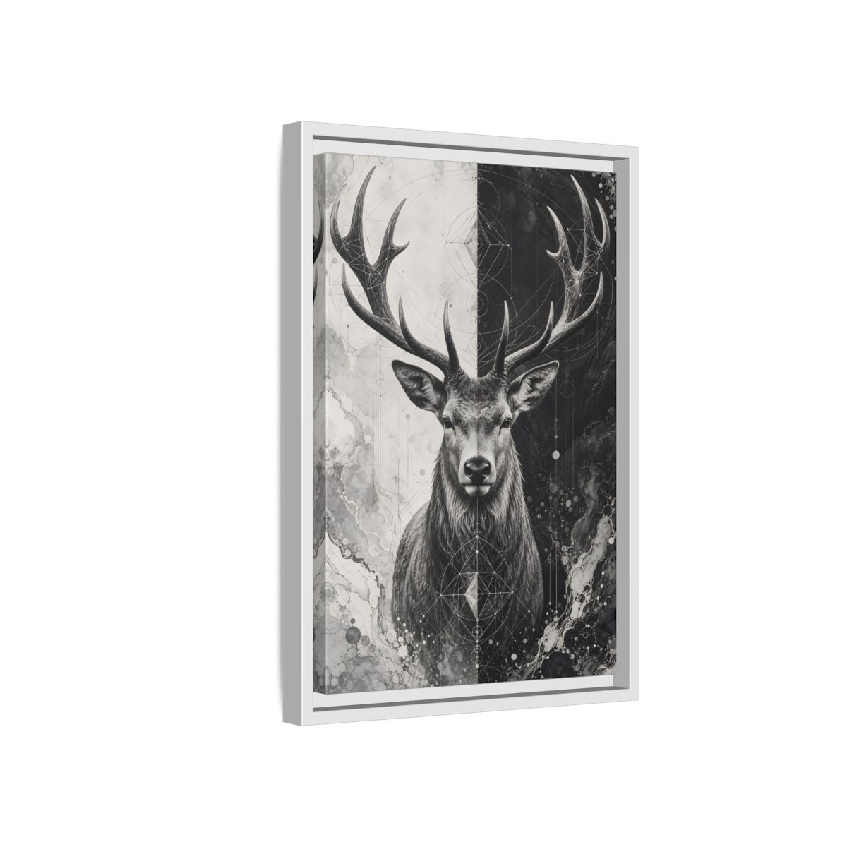 Side Mockup 4. Animals Deer Black And White Deer shown as stretched canvas wall art