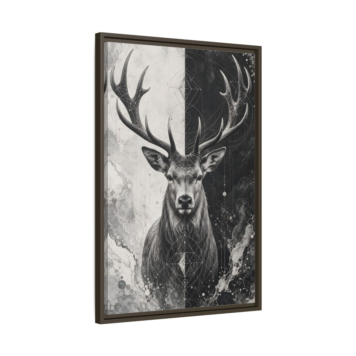 Side Mockup 11. Animals Deer Black And White Deer shown as stretched canvas wall art